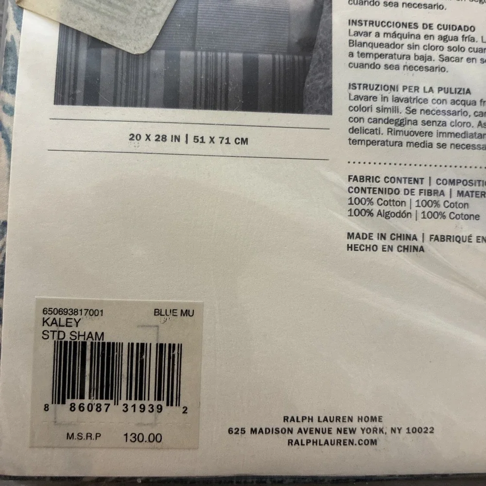 Ralph Lauren Meadow Lane Kaley Blue Standard Pillow Sham/Pillowcase 20